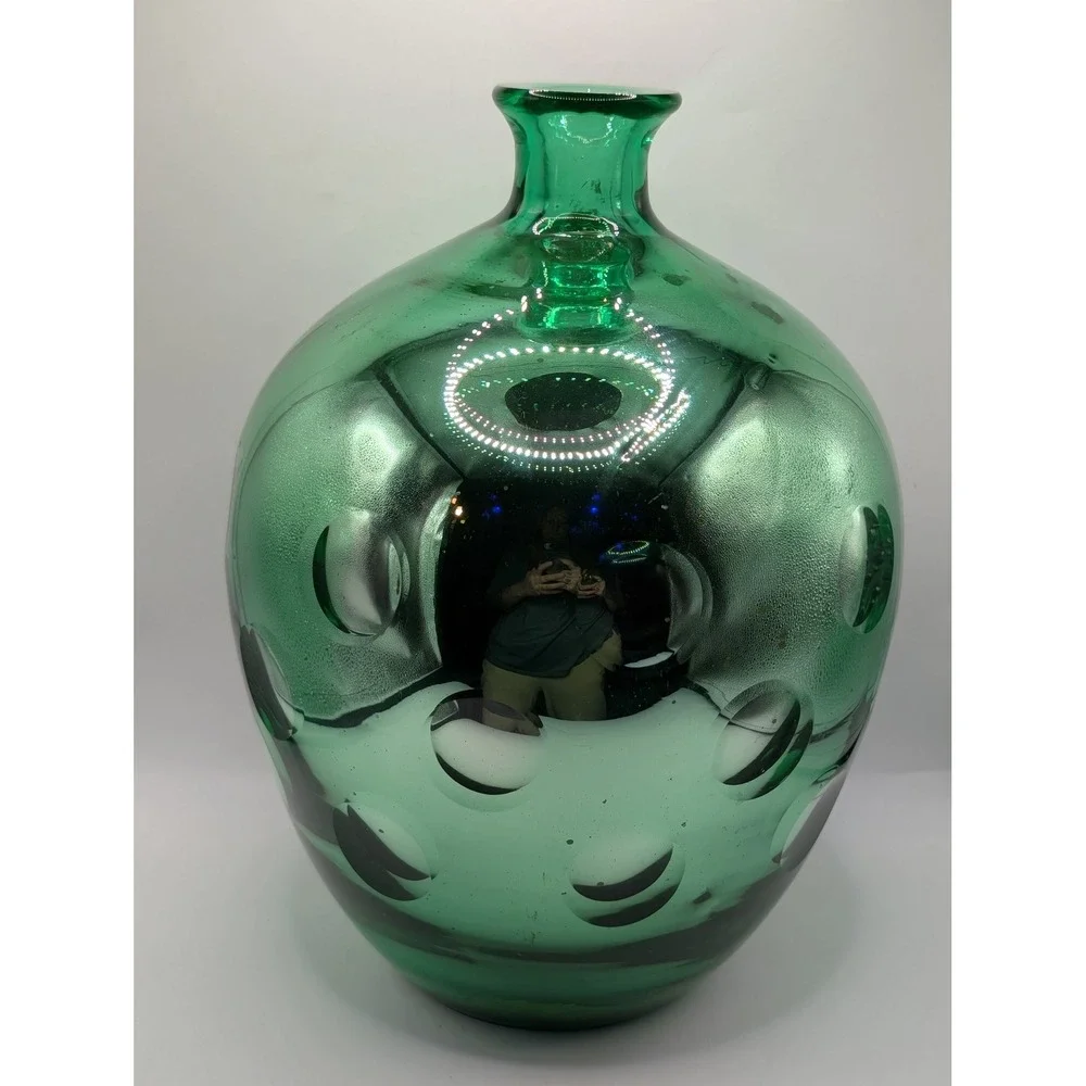 Vintage Uranium Mercury Emerald Green Blown Glass‎ Dimpled Vase MCM Decor 11.5